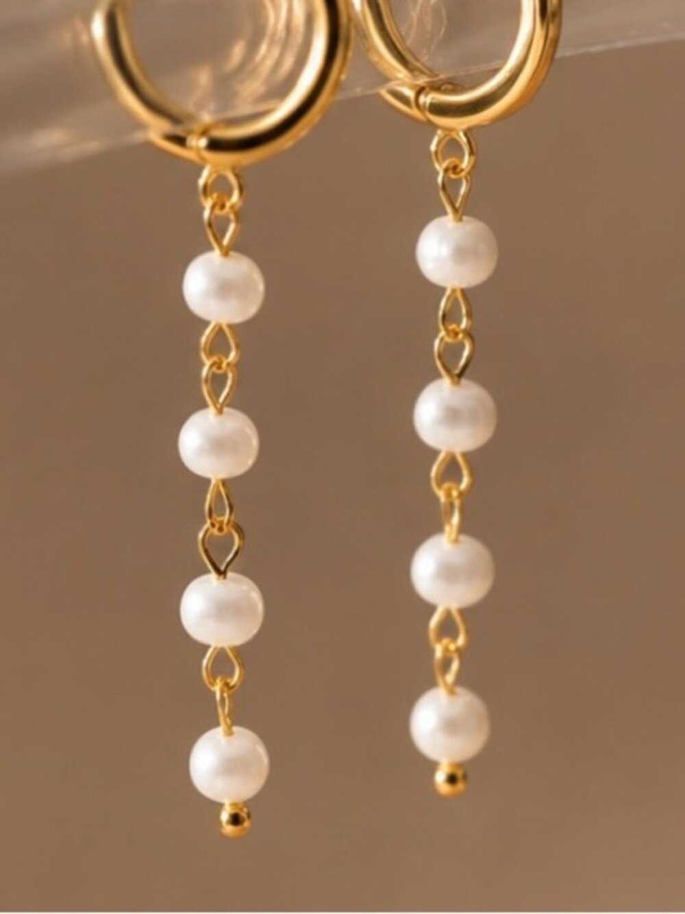 Gold Freshwater Pearl Chain Drop Hoop Earrings